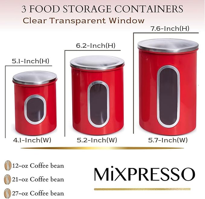 Mixpresso 3-Piece Red Canisters Sets For The Kitchen, Airtight Canister Set With See Through Window, Storage Jars for Coffee Container
