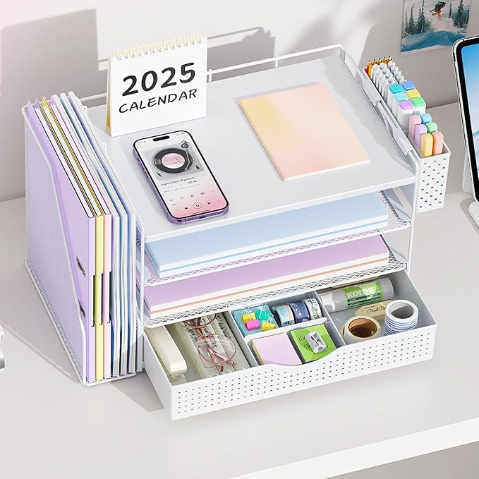 gianotter Wood Desk Organizers and Accessories with File Holder, 4-Tier Desk Accessories & Workspace Organizers with Drawer and Pen Holder, Paper Organizer for Office Supplies (White)