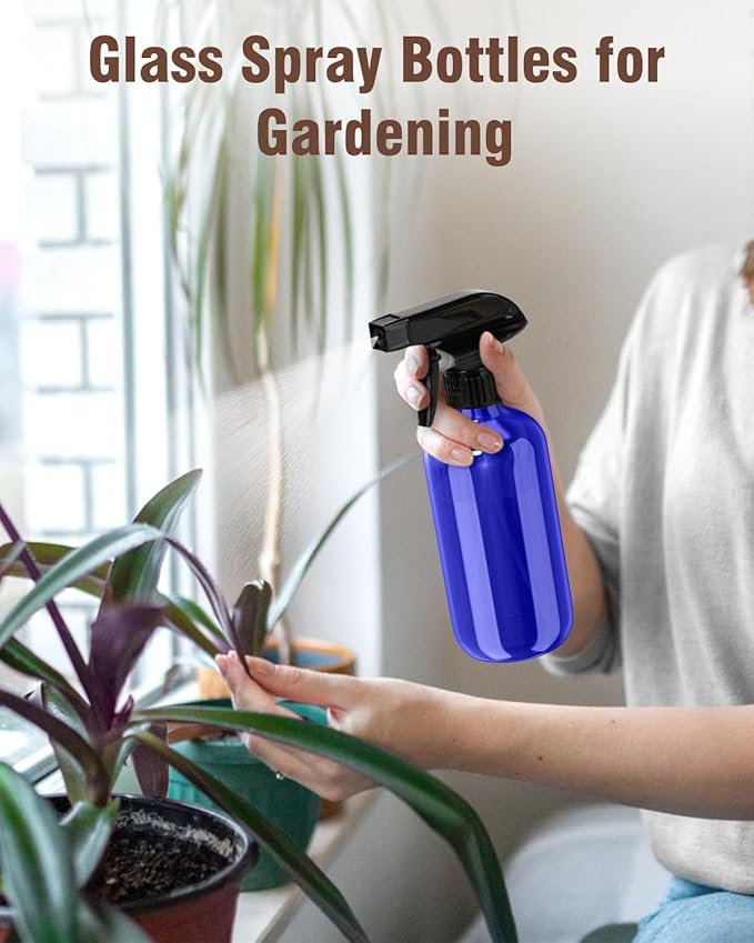 Bontip Glass Spray Bottle, Blue Glass Spray Bottle Set & Accessories Refillable for Plants Window Cleaners Aromatherapy Facial Hydration Watering Flowers Hair Care (2 Pack/8 oz) (Blue)