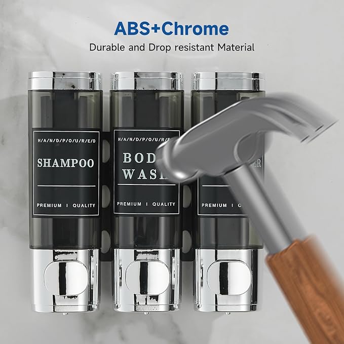 Shampoo and Conditioner Dispenser,Unisense Shower Soap Dispenser 3 Chamber No Drill Wall-Mounted Shampoo Dispenser for Shower Wall Mounted Shower Dispenser for Bathroom Hotel Large Capacity,Chrome