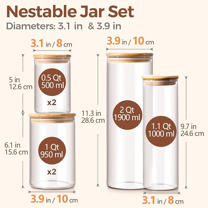 ComSaf Glass Food Storage Jars Set of 6, Clear Glass Storage Containers with Lids, Canisters Sets for the kitchen, Spaghetti, Pasta, Flour, Nuts, Oat