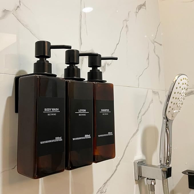 Shampoo Dispenser for Shower Wall, Shampoo and Conditioner Dispenser with 16 Waterproof Labels, No Drill Shower Soap Dispenser Bathroom, Shower Soap Dispenser Wall Mounted 3 chamber, 17oz, Black Amber