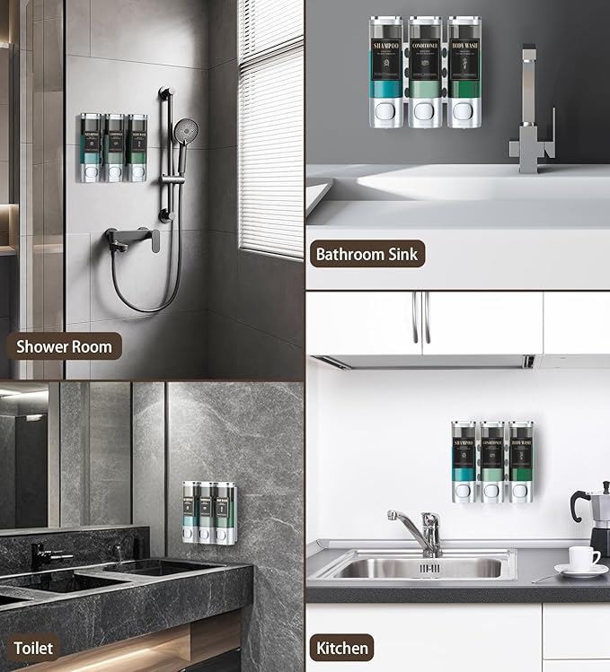 Luxspire Shampoo and Conditioner Dispenser, No Drill Wall Mounted Shower Soap Dispenser 3 Chamber with Waterproof Labels, Easy Refill Soap Dispenser for Bathroom Hotel Kitchen, Silver