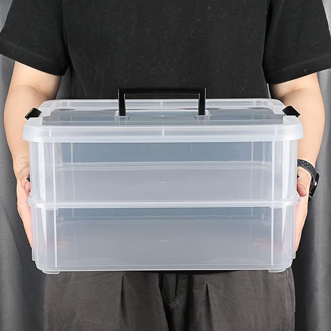 JUXYES 2-Tiers Stack Carry Storage Box With Handle, Transparent Stackable Storage Bin With Handle Lid Latching Storage Container for School & Office