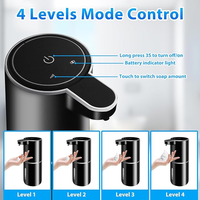 2 Pack Automatic Foaming Soap Dispenser,12.8oz/380ml USB Rechargeable 4 Level Adjustable Electric Hand Soap Dispenser for Bathroom,Kitchen,Hotel,Restaurant(Black,P11)