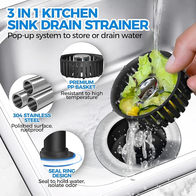 zaa Sink Drain Strainer - 3 in 1 Kitchen Sink Stopper, Stainless Steel Kitchen Drain Plug & Cover with Anti-Clogging Basket Strainer, Fit US Standard 3-1/2'' Sink Drain Hole, Brushed Black