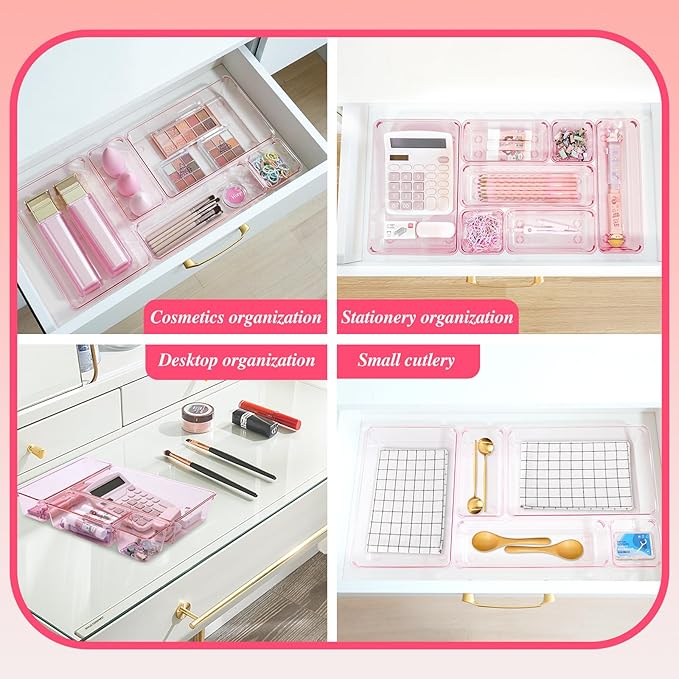 Pink Acrylic Drawer Organizers - 25 Pcs (Desk/Vanity/Bathroom)