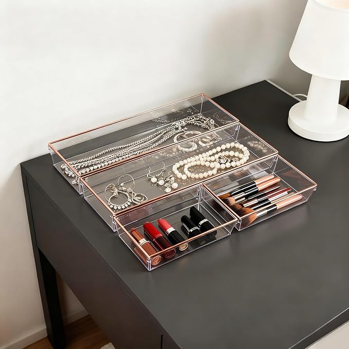 12 Pack Large Size Clear Stackable Drawer Organizer Trays, Rose Gold Rim Makeup Drawer Storage Tray Divider, Desk Storage for Makeup, Jewelry