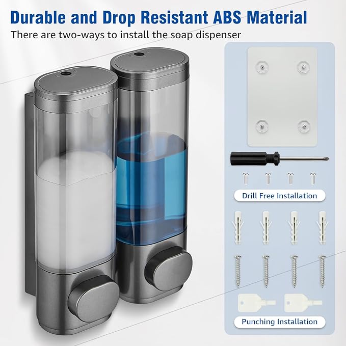 Shampoo and Conditioner Dispenser 2 Chamber No Drill, Shower Soap Pump Dispenser Wall Mounted, Body Wash Dispenser for Shower, Shower Gel Dispenser Shampoo Holder for Bathroom Accessories, Gungrey