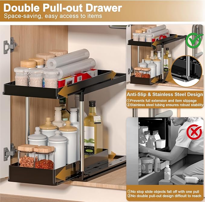Expandable Under Sink Organizer, 2 Tier Under Cabinet Organizer