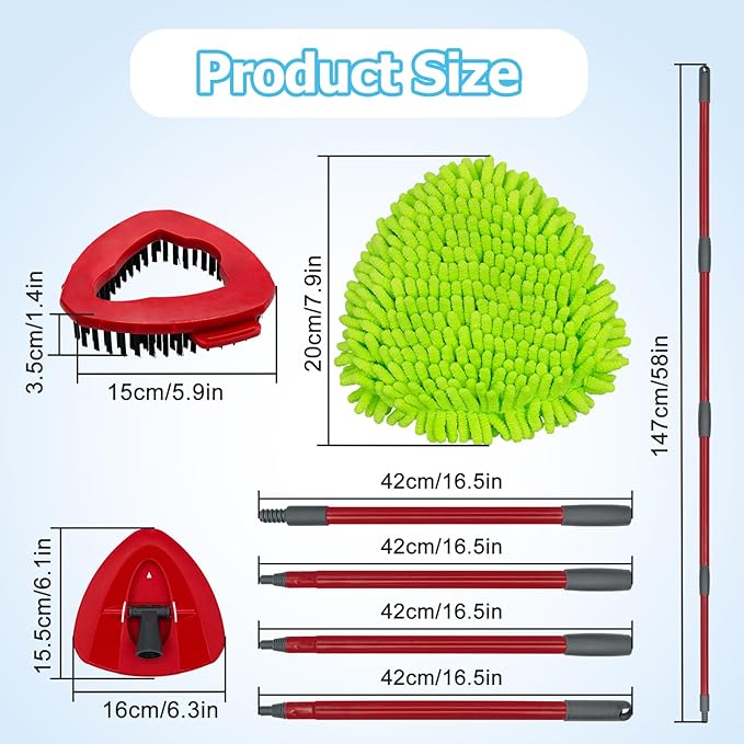 Spin Mop Handle, Mop Replace Heads, Scrubber Head and Base Replacement for O-Cedar EasyWring 1 Tank System, 2 Microfiber Mops Heads Replacements and 1 Scrub Brush, Use for Wet/Dry Hard Floor Cleaning