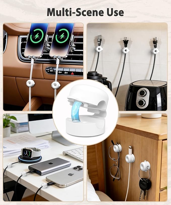 Magnetic Cable Clips 8 Pack, Silicone Cord Organizer with Strong 3M Adhesive, Durable Cable Management Under Desk Wire Hider, Cord Holder for Nightstand, Desk,Office, Home & Car (White)