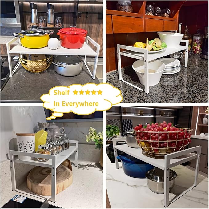 Expandable Cabinet Shelf Organizer 16-26" L Stackable Kitchen Counter Shelf Rack Stand Sink Riser Countertop Storage White (Wide 10.6”D)