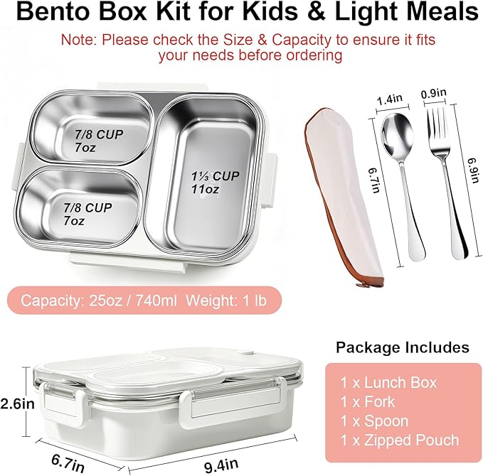 25oz 18/8 Stainless Steel Lunch Box Kit (Bento Box + Fork/Spoon) - 3 Leakproof Compartments - Metal Snack Box for Kids & Adults - School/Office/Travel