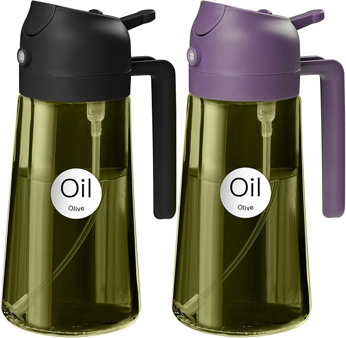 YARRAMATE 2Pcs 16oz/470ml Dark Green Oil Sprayer for Cooking with Stickers, Food-grade Premium 2 in 1 Olive Oil Dispenser Bottle for Kitchen Gadgets, Air Fryer, Salad, Frying, BBQ (Black&Purple)