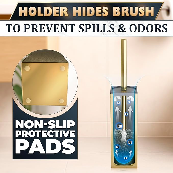 Stainless Steel Toilet Brush and Holder Set Gold & Square Design - Corrosion and Scratch-Resistant Gold Toilet Brush and Holder Set with Splash Protection - for Deep & Effective Bathroom Cleaning