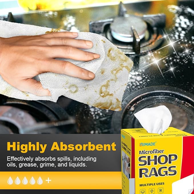 UNIMADE Shop Rags, 100 Sheets Microfiber Cleaning Cloth Commercial Grade Washcloths Lint-Free Bulk Shops Towels for Cars Mechanic Restaurant Garage Housekeeping, 11"x 9", White