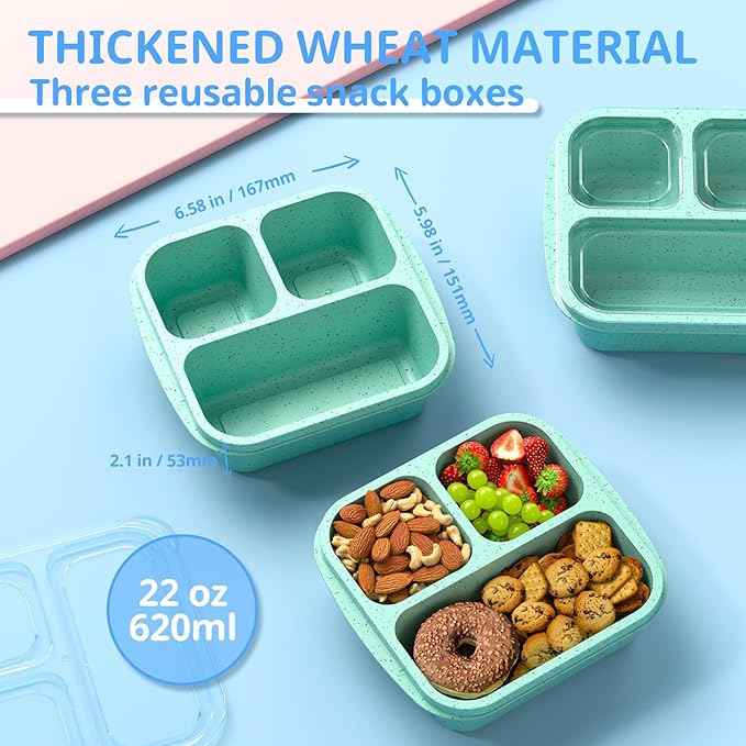 Snack Boxes (3 Pack) - Stackable Bento Boxes with 3 Compartments, Meal Prep Containers Reusable, Lightweight Lunch Containers for Kids and Adults