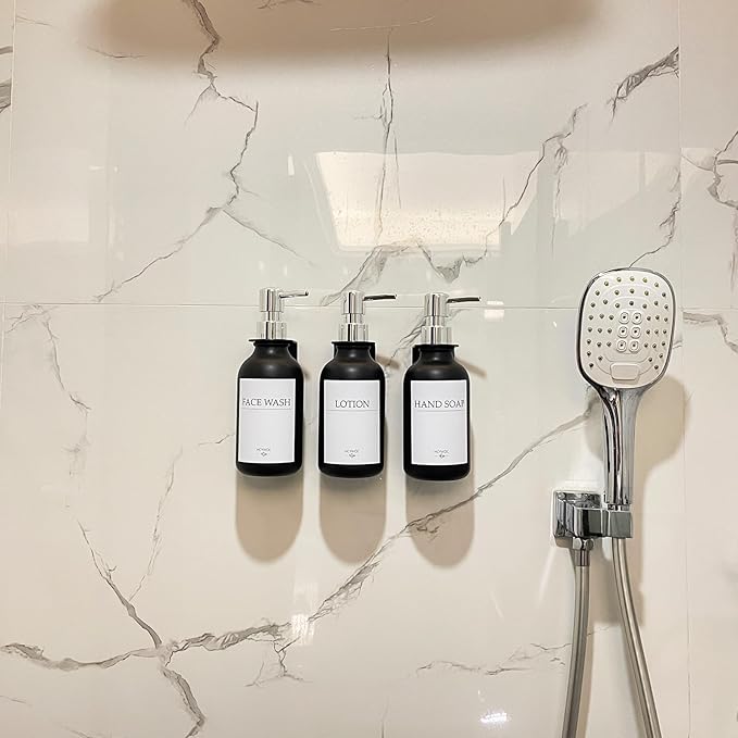 Shampoo Dispenser for Shower Wall, Shampoo and Conditioner Dispenser with 16 Waterproof Labels, No Drill Shower Soap Dispenser Bathroom, Shower Soap Dispenser Wall Mounted,17oz, 3 Pack, Silver Black