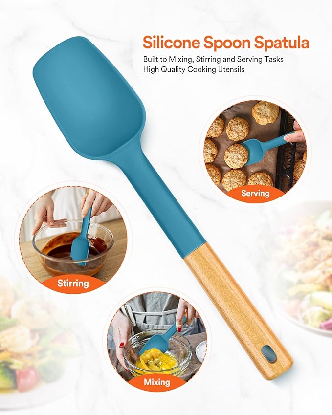 Silicone Spoon Spatula, Great For Scraping Bowls And Scooping Batter, Sturdy Bpa-Free Matte Silicone, Wooden Handle Rubber Spatula For Nonstick Cookwares (TURQ)