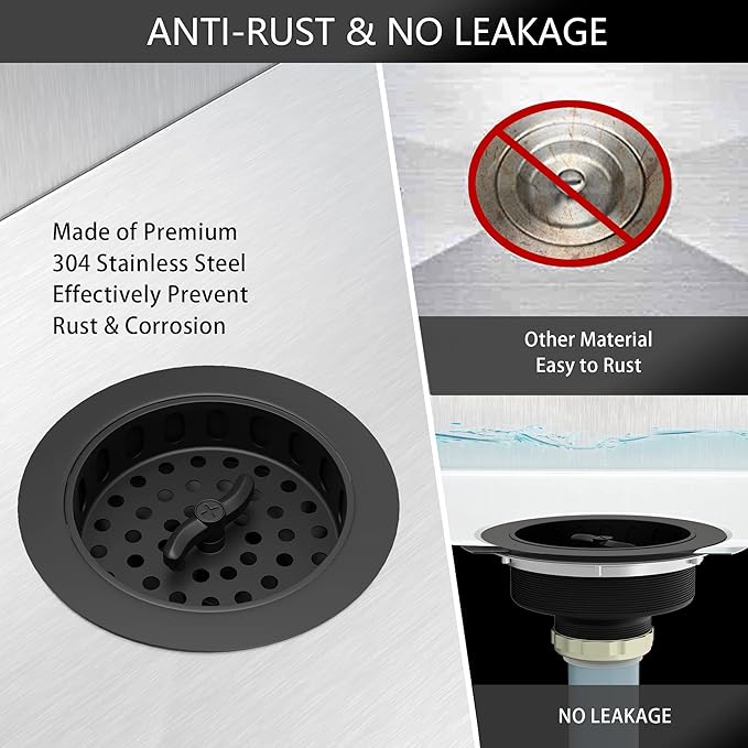 Black Sink Drain Kit - 3.5" Stainless Basket & Stopper for Kitchen Sink