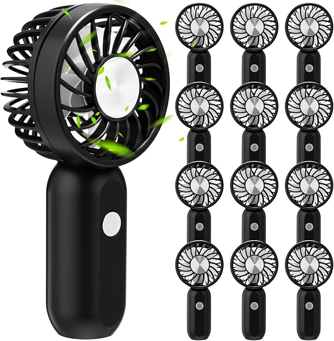 Rossesay 12 Pack Mini Portable Handheld Fan Bulk for Travel 3 Speeds, Rechargeable USB Battery Operated, Small Personal Eyelash Fans for Women Outdoor(Black,Cute Style)