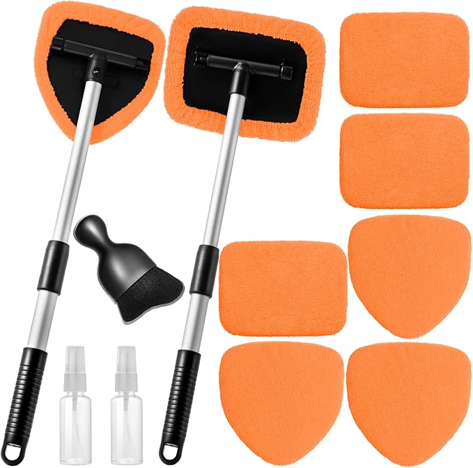 Qydipclin 11pc Windshield Cleaner Kit - 6 Microfiber Pads, 2 Bottles, Car Glass