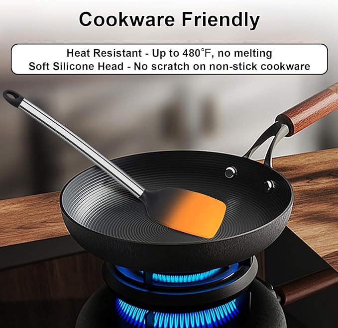 Silicone Cooking Utensils Set, Vayvnt 8 PCS Kitchen Utensils Set with Stainless Steel Handle, Heat Resistant Kitchen Tools for Nonstick Cookware, Large Spatula Spoons Turner, Dishwasher Safe, Black