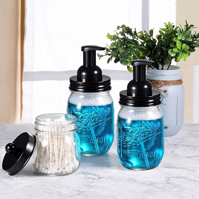 SheeChung 2 Pack Mason Jar Foaming Soap Dispenser Lids for Standard Mouth, Foaming Soap Dispenser Pump Replacement for Hand Sanitizer, Bath Liquid, Facial Cleansing Foam, Makeup Remover Water - Black
