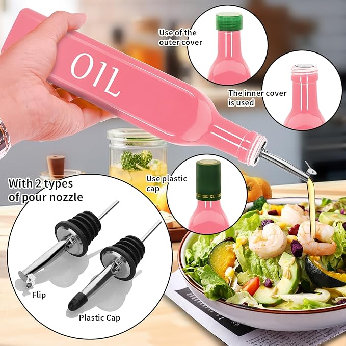 Olive Oil Dispenser Bottle,2 Pcs 17oz 500ml Glass O il and Vinegar Dispenser Set with 2 Stainless Steel Pourers, 8 Labels,Funnel Vinegar Bottles for Kitchen (Pink)