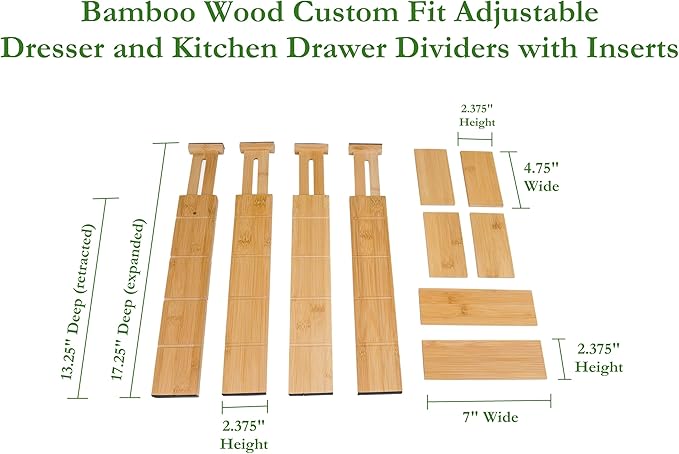 Lipper International Bamboo Wood Custom Fit Adjustable Dresser and Kitchen Drawer Dividers with Inserts, 13 1/4" to 17 1/4" Deep x 2 3/8" Tall, Set of 4