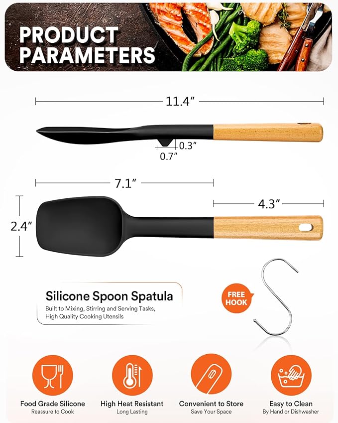 Silicone Spoon Spatula, Great For Scraping Bowls And Scooping Batter, Sturdy Bpa-Free Matte Silicone, Wooden Handle Rubber Spatula For Nonstick Cookwares (BLACK)