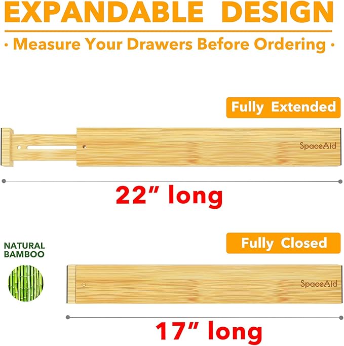 SpaceAid 4 Pack Bamboo Drawer Dividers with Labels, Kitchen Adjustable Drawer Organizers, Expandable Organization for Home Clothes Dressers (17-22 in, Natural)