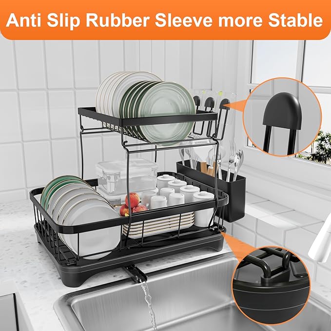 Dish Drying Rack Two-Tier Drying Rack with Utensil Holder, Auto-Draining Dish Rack for Kitchen Counter, Large Capacity for Plates, Bowls, Cups, Dish Drainer with Drainboard, Black