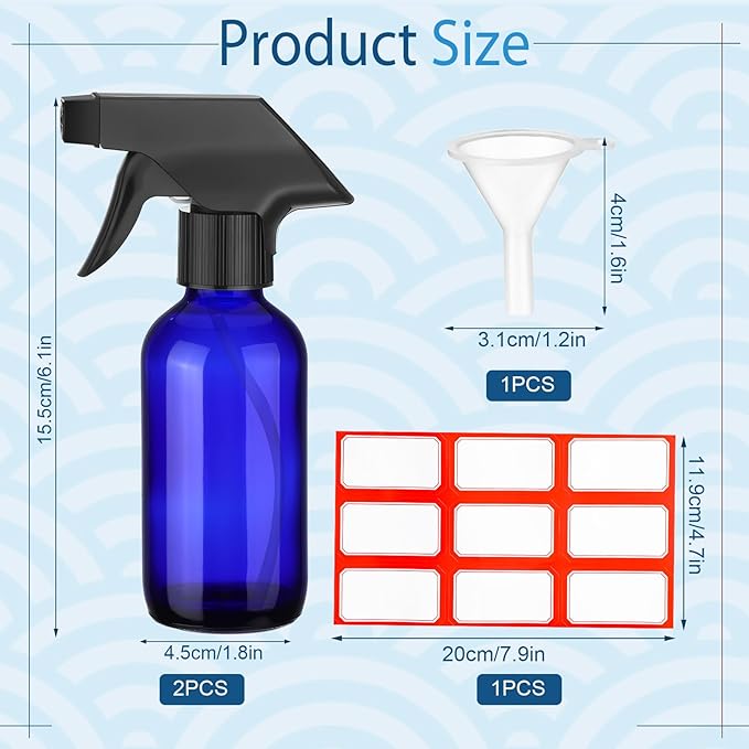 Fumete 2 Pack Glass Bottles 4oz Empty Refillable Liquid Containers with 1 Label 1 Funnel for Essential Oils Hair Travel Plants Cleaning Skin Care (Spray Bottle, Blue, Black Top)