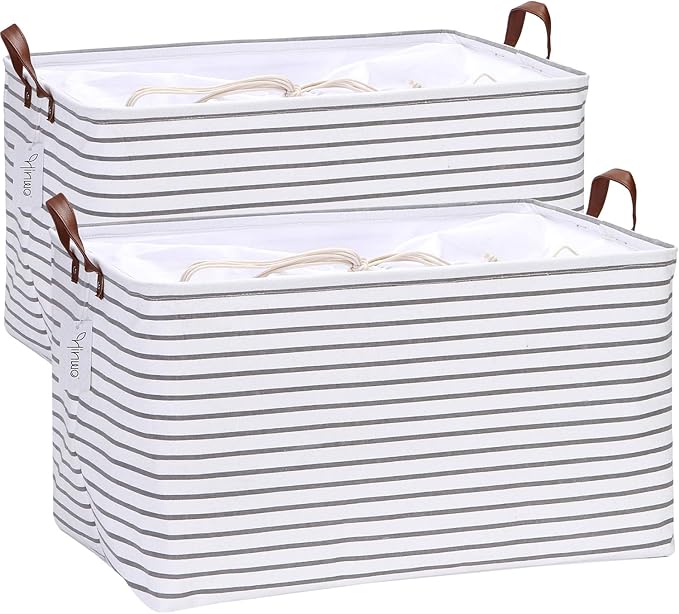 2-Pack Extra Large Canvas Fabric Storage Baskets with Handles, Grey Stripe