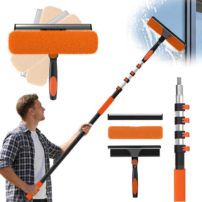 16FT Reach Window Squeegee Kit with Extension Pole, 2-in-1 Professional Washer for High Windows, 3-12FT Adjustable Reach