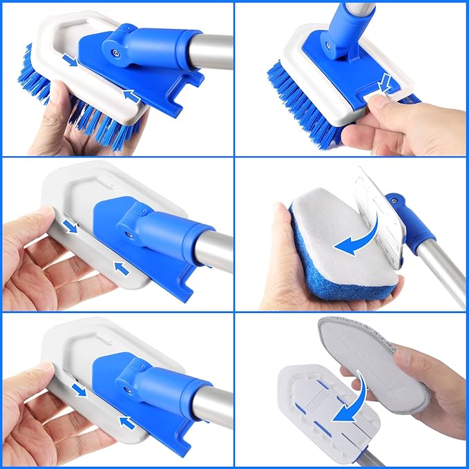 Lalafancy Shower Cleaning Brush with Locking Head, 3 in 1 Tub Tile Scrubber Brush with 50'' Extendable Long Handle Stiff Bristles Scouring Pads Microfiber for Cleaning Bathtub Shower Wall Bathroom