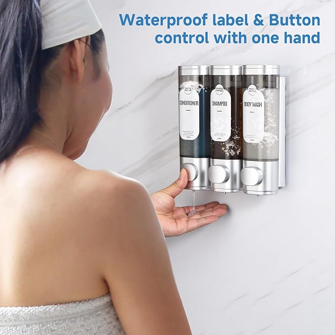 Shampoo and Conditioner Dispenser, Refillabe Shower Soap Dispensers 3 Chamber No Drill Shampoo Dispenser for Shower Wall Mounted 3 * 300ml Container for Bathroom Hotel (Sliver 3 Chamber)