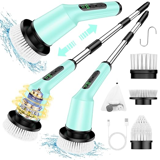 Electric Spin Scrubber for Cleaning Bathroom, Shower Scrubber Cordless Cleaning Brush with IPX7 Waterproof & 2 Speed, 3 Brush Heads, Bathroom Cleaning Supplies for Toilet Shower Tub Mint Green