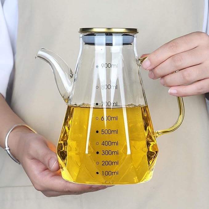 Glass Oil Dispenser Bottle - Glass Olive Oil Bottle for Kitchen, Wide Mouth Borosilicate Glass Cooking Oil Bottles with Lid and Handle (700ML)