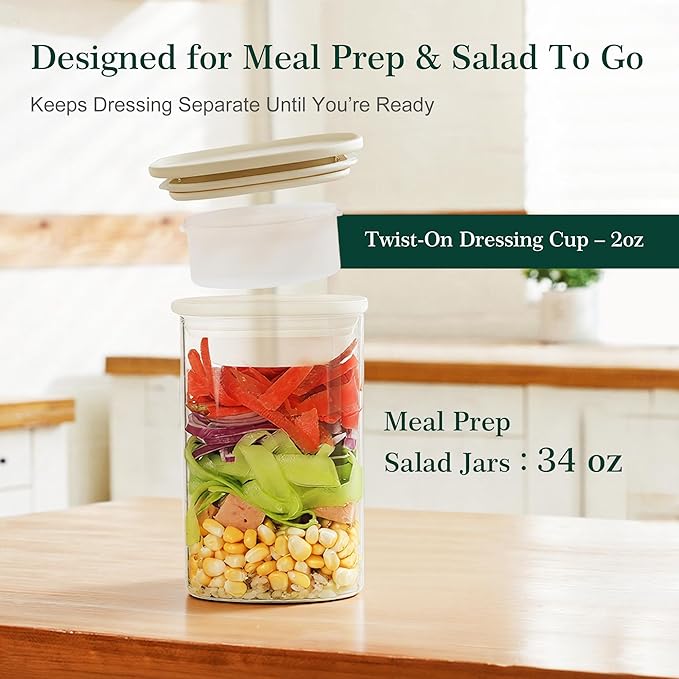 LIBWYS Glass Salad Jars with Lids Meal Prep, 34oz Larger Square Containers for Home Storage & Lunch, Built-In Leakproof Compartments