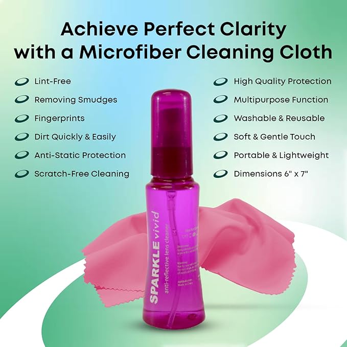 Sparkle Vivid Anti-Reflective Safe Lens Cleaner Spray Kit - (2) 2oz Glasses Cleaner Spray & (2) Microfiber Cloth for Eyeglasses, Sunglasses, Lenses