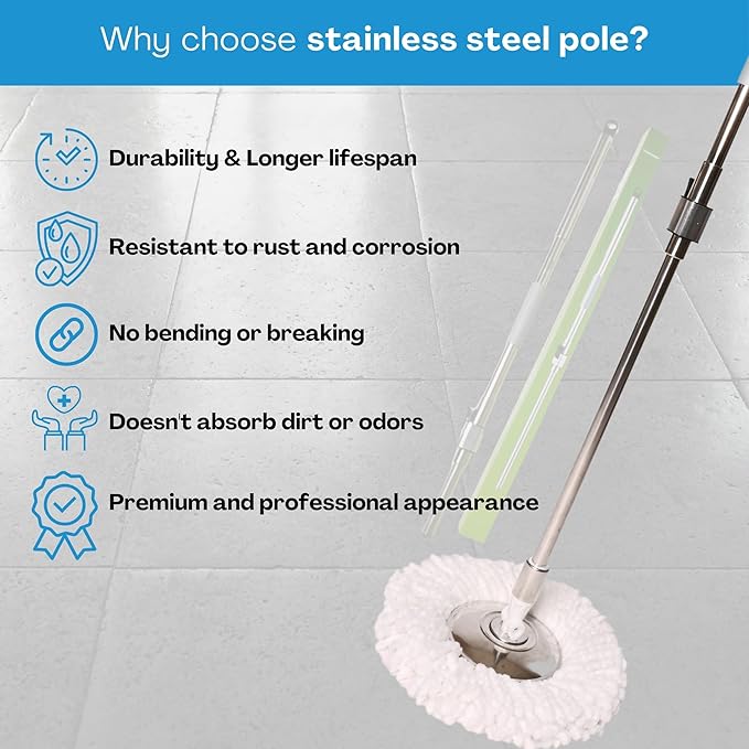 Stainless Steel Mop Handle 37" to 53" Long - Heavy Duty Spin Mop Replacement Stick - Commercial & Industrial Use Suitable for Home, Office, Hospitals, Hotels for Floor Cleaning