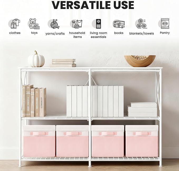 Large Closet Organizer Bins with Lids 8 Pack - Pink Storage Baskets for Shelves Nursery Bedroom Dorm RV