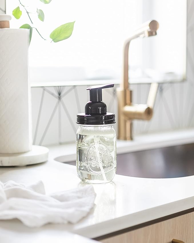 Jarmazing Products Mason Jar Foaming Soap Dispenser Lids - Includes Waterproof Stickers! Black - 12 Pack