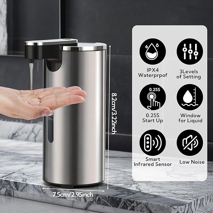 2 Pack Automatic Soap Dispenser Touchless, 13.5oz/400ml Stainless Steel Electric Sensor Pump with 3 Adjustable Volume, Clog-Free, Water-Resistant for Kitchen, Bathroom, Hotel, and School