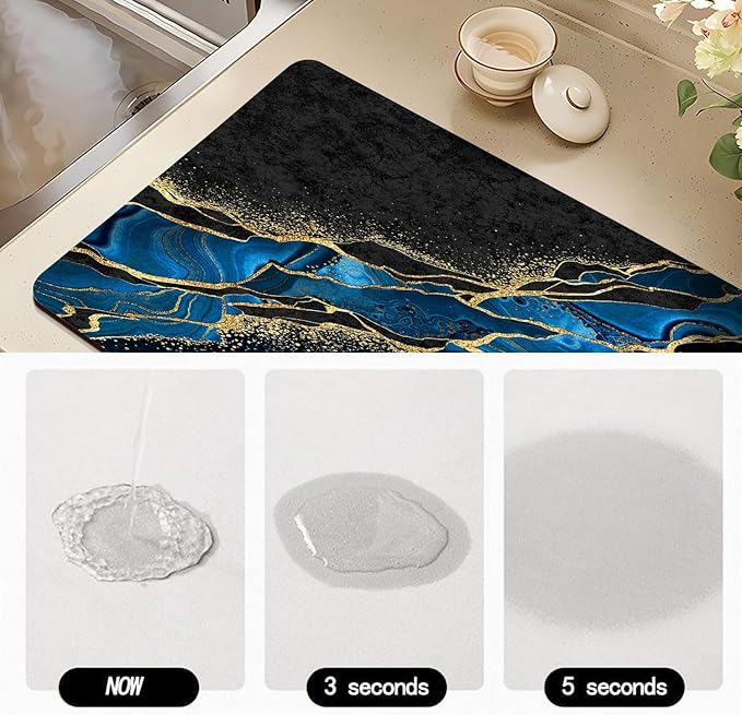Dish Drying Mat for Kitchen Counter, Blue and Gold Marble Washable Absorbent Quick Dry Pad with Rubber Backing, Draining Mat for Dishes Coffee Table, 16" x 24"