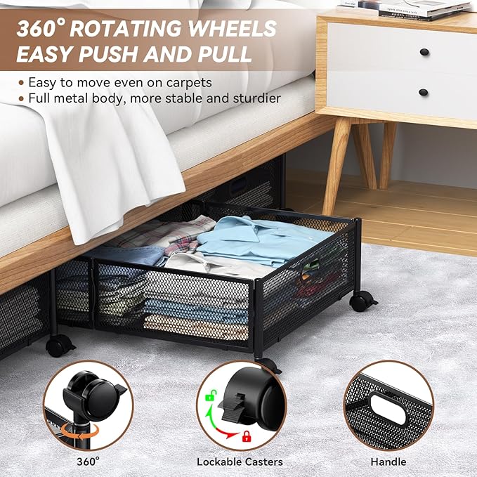 Under Bed Storage with wheels, Under the Bed Storage Containers, Black