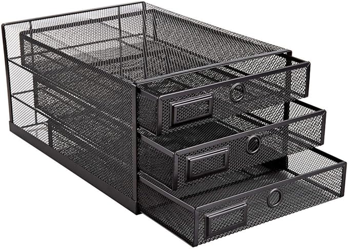 Annova Desk Organizer Wire Mesh 3 Tier Sliding Drawers Paper, Black